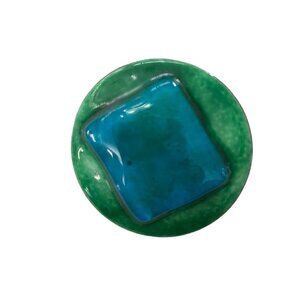 Vintage 1980s Porcelain Brooch Pin Mod Design Blue Green Glazed Copper Trim 2" D